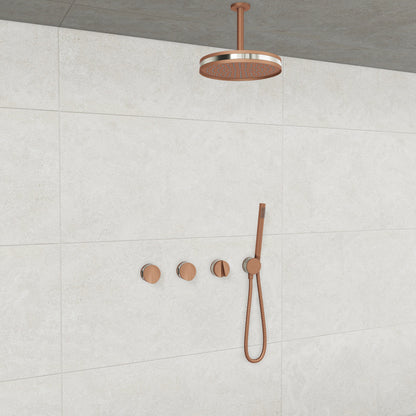 Baril Flora B47 ceiling-mount thermostatic shower system in Satin Copper with Polished Nickel accents — TRR-3302-47