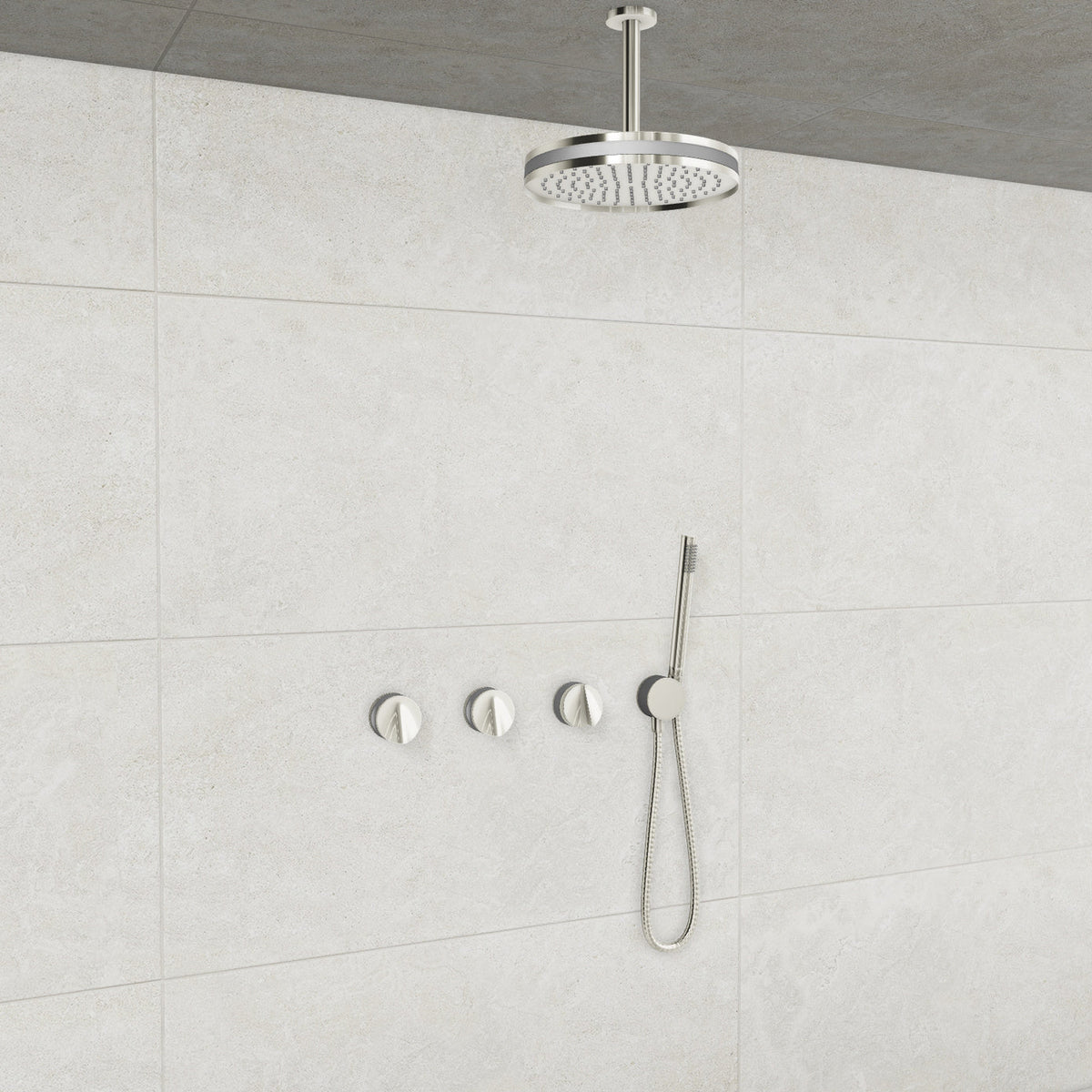 Baril Flora B47 ceiling-mount thermostatic shower system in Polished Nickel with Matte Silver accents — TRR-3302-47