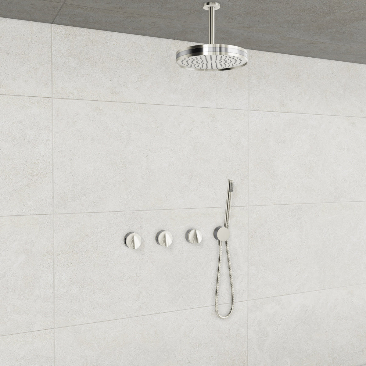 Baril Flora B47 ceiling-mount thermostatic shower system in Polished Nickel with Chrome accents — TRR-3302-47