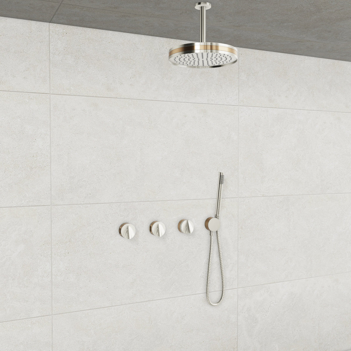 Baril Flora B47 ceiling-mount thermostatic shower system in Polished Nickel with Gold accents — TRR-3302-47