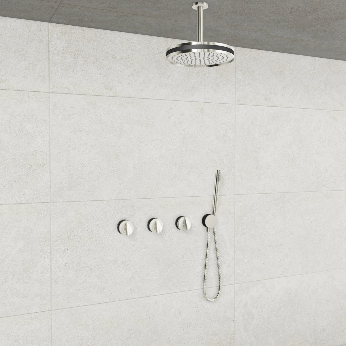 Baril Flora B47 ceiling-mount thermostatic shower system in Polished Nickel with Matte Black accents — TRR-3302-47
