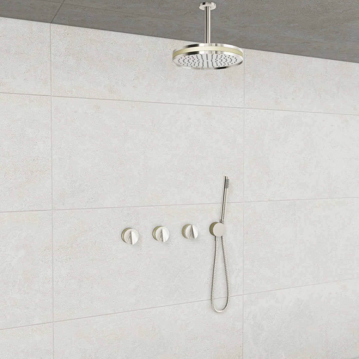 Baril Flora B47 ceiling-mount thermostatic shower system in Polished Nickel with Satin Brass accents — TRR-3302-47