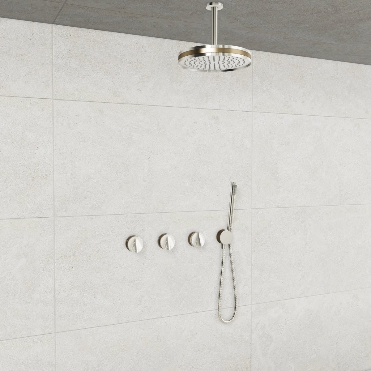 Baril Flora B47 ceiling-mount thermostatic shower system in Polished Nickel with Warm Gold accents — TRR-3302-47