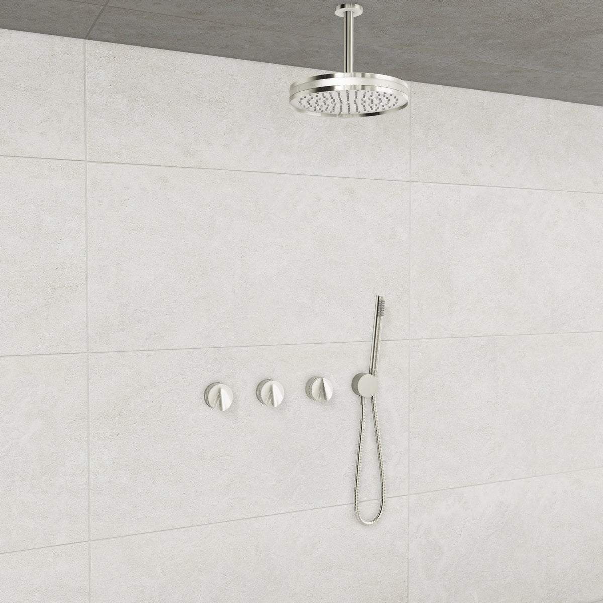 Baril Flora B47 ceiling-mount thermostatic shower system in Polished Nickel with Brushed Nickel accents — TRR-3302-47