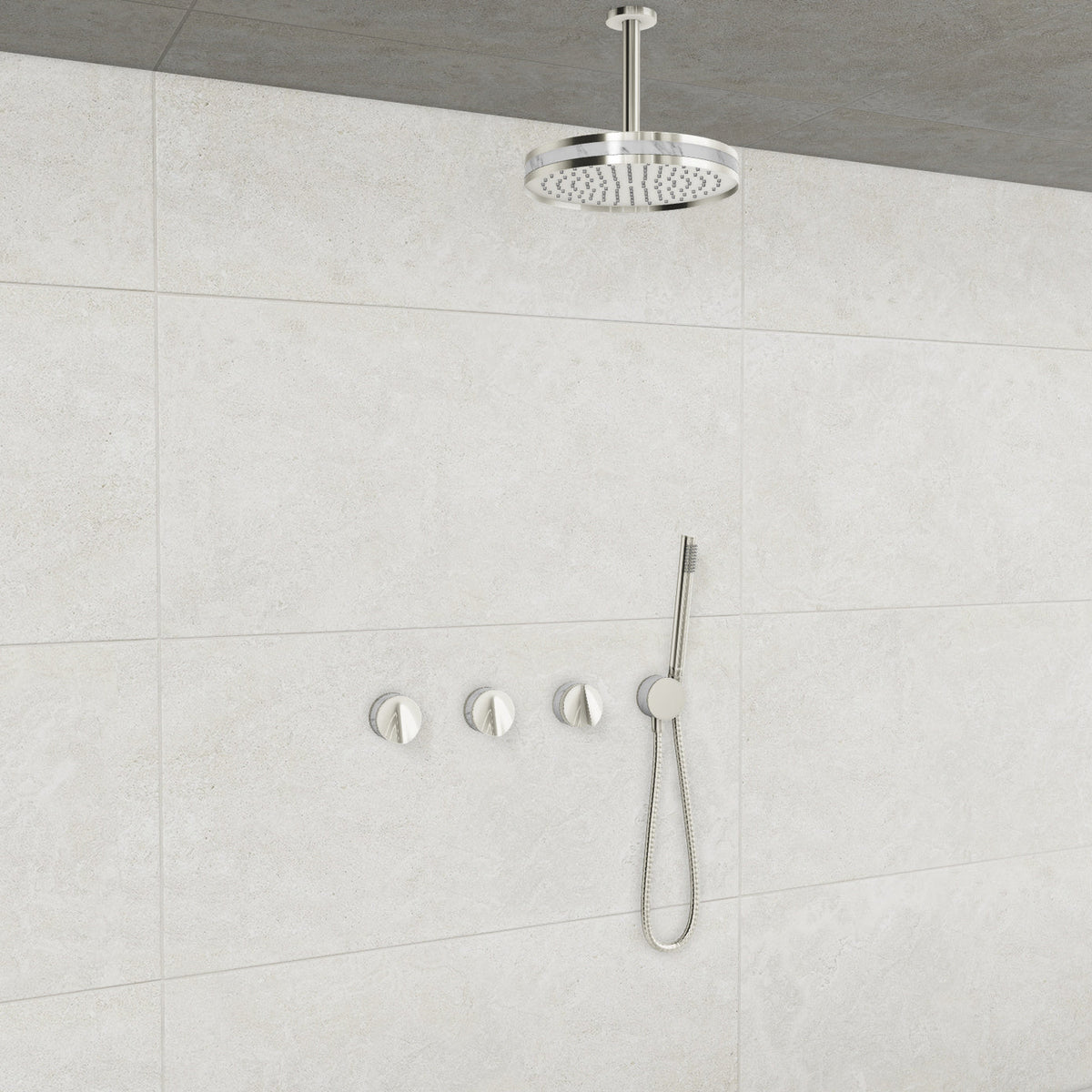 Baril Flora B47 ceiling-mount thermostatic shower system in Polished Nickel with Marble accents — TRR-3302-47