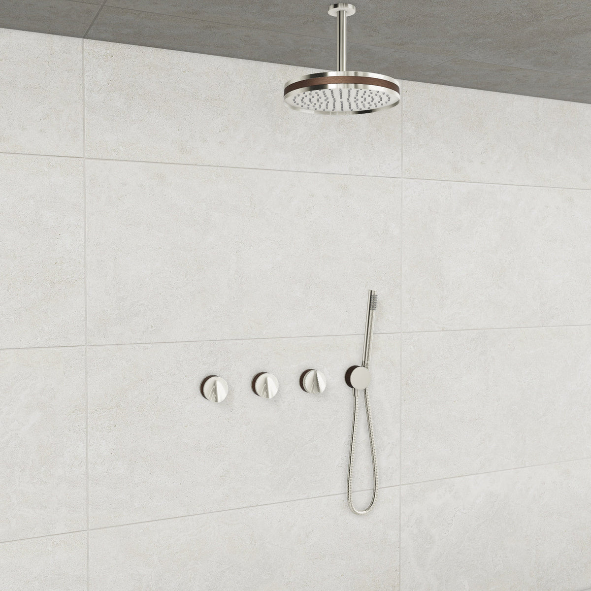 Baril Flora B47 ceiling-mount thermostatic shower system in Polished Nickel with Venetian Bronze accents — TRR-3302-47