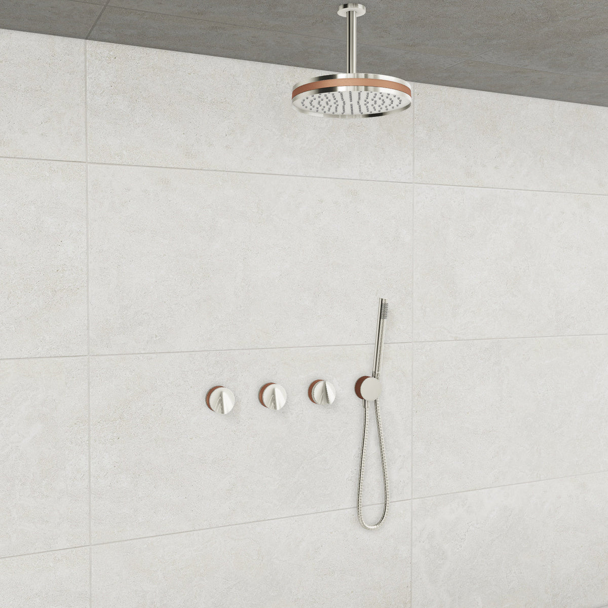 Baril Flora B47 ceiling-mount thermostatic shower system in Polished Nickel with Satin Copper accents — TRR-3302-47