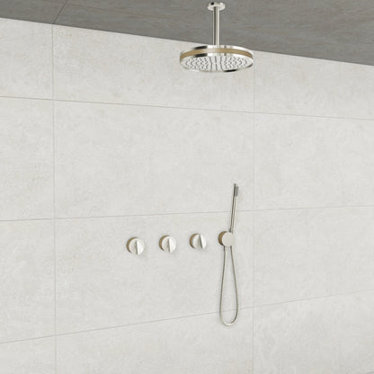 Baril Flora B47 ceiling-mount thermostatic shower system in Polished Nickel with Wood accents — TRR-3302-47