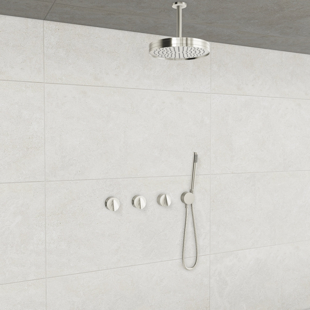 Baril Flora B47 ceiling-mount thermostatic shower system in Polished Nickel with Polished Nickel accents — TRR-3302-47