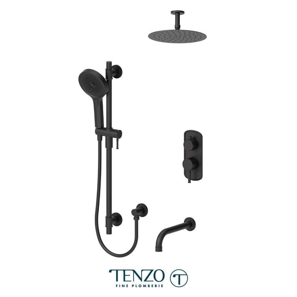 Tenzo Alyss ALYPB33-511315 3-function ceiling-arm shower kit in matte black