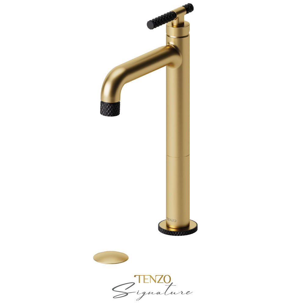 Tenzo Bellacio BE11H-C tall vessel faucet brushed gold with matte black