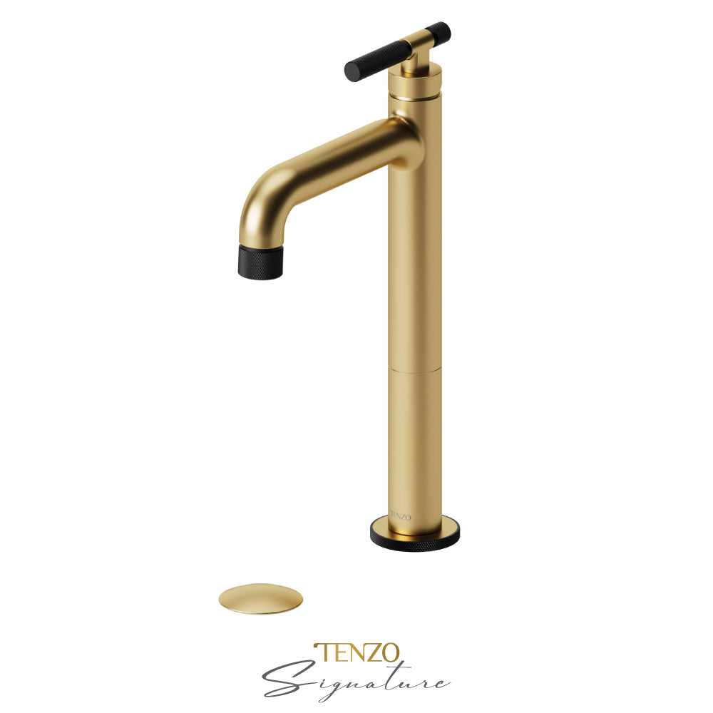Tenzo Bellacio BE11H-F tall vessel faucet brushed gold with matte black