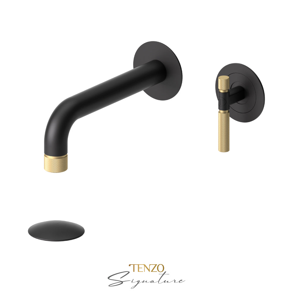 Tenzo Bellacio BE14-F wall mount lavatory faucet matte black with brushed gold