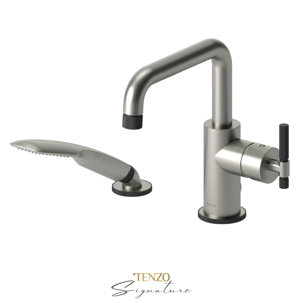Tenzo Bellacio 2-Piece Deck Mount Tub Filler with Hand Shower, Smaller Knurled - BE31-F-PB