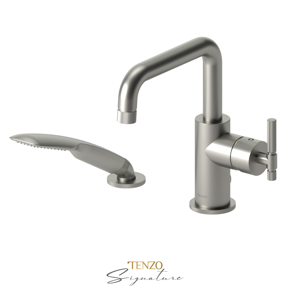 Tenzo Bellacio 2-Piece Deck Mount Tub Filler with Hand Shower, Smaller Knurled - BE31-F-PB