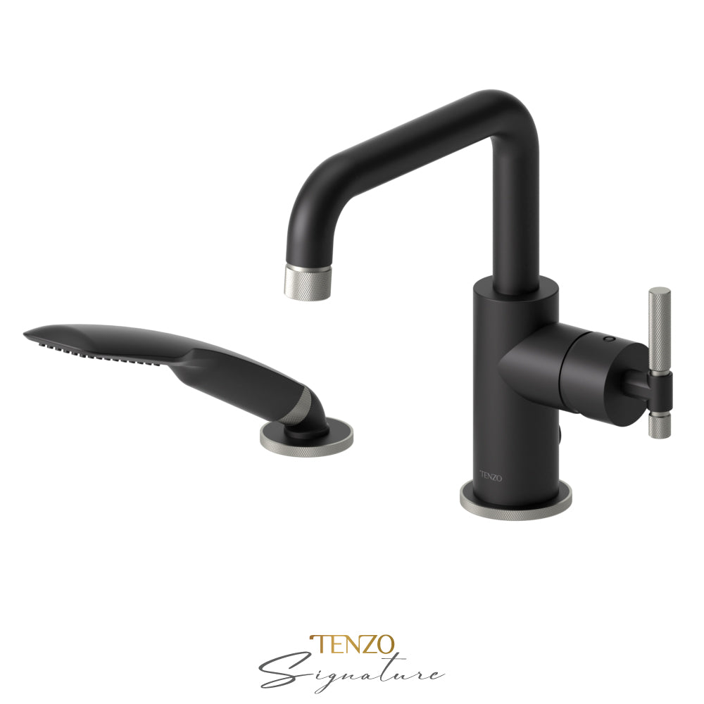 Tenzo Bellacio 2-Piece Deck Mount Tub Filler with Hand Shower, Smaller Knurled - BE31-F-PB