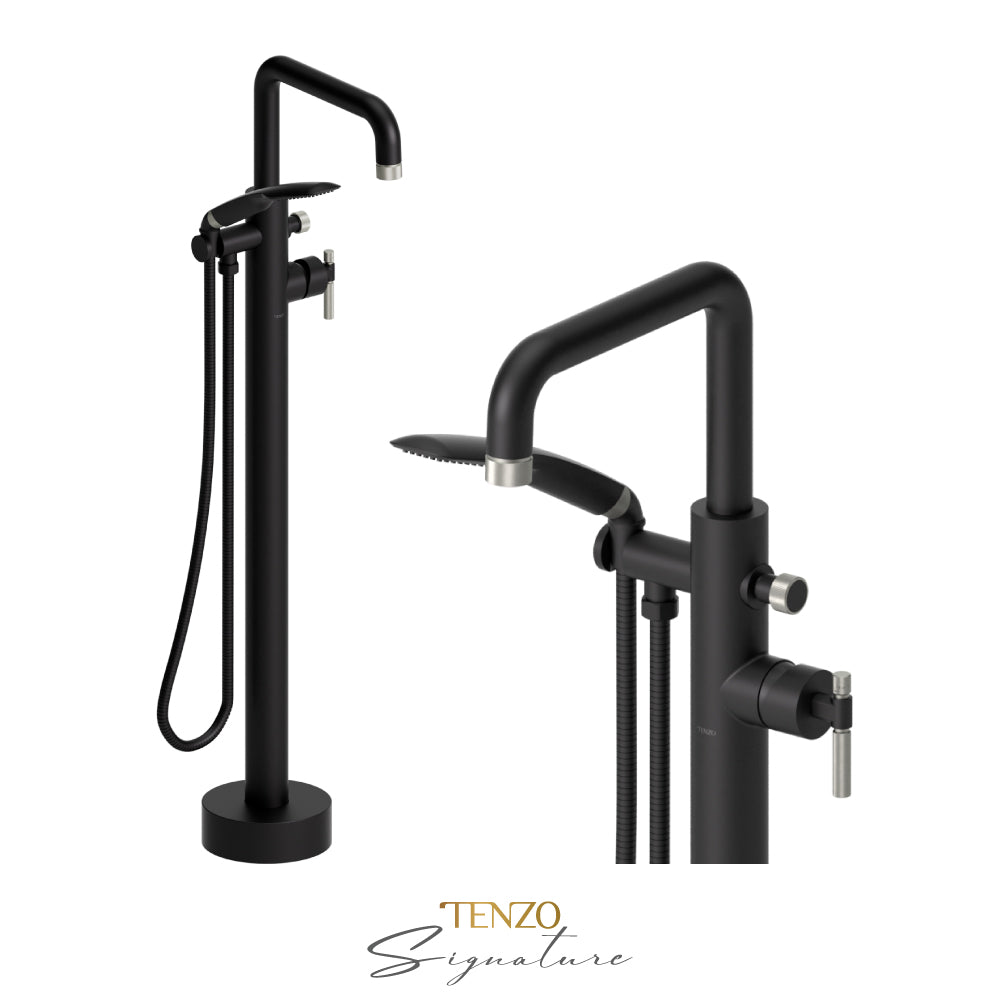 Tenzo Bellacio Freestanding Tub Filler with Hand Shower, Smaller Knurled - BE52-F