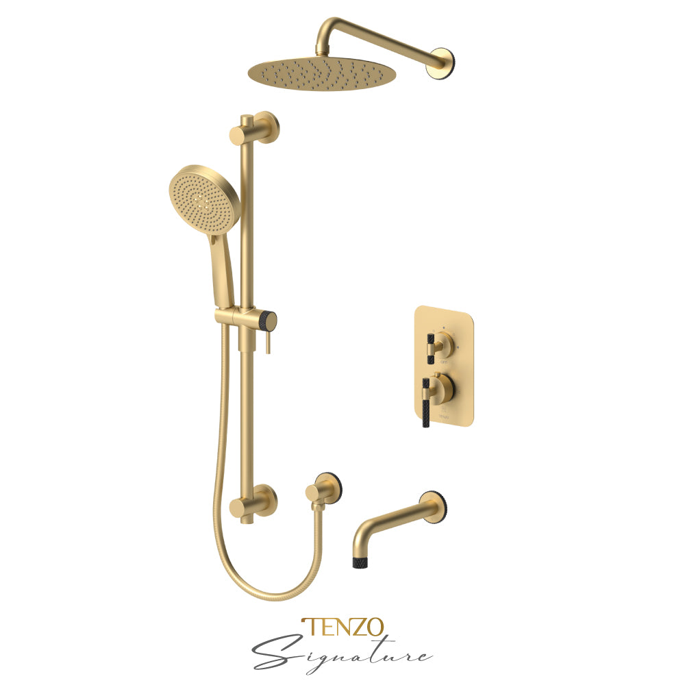 Tenzo Bellacio T-Box 3-Function Pressure Balance Shower Kit, 10” AirBoost Rain Head & Tub Spout, Larger Knurled - BEPB33-501115-C