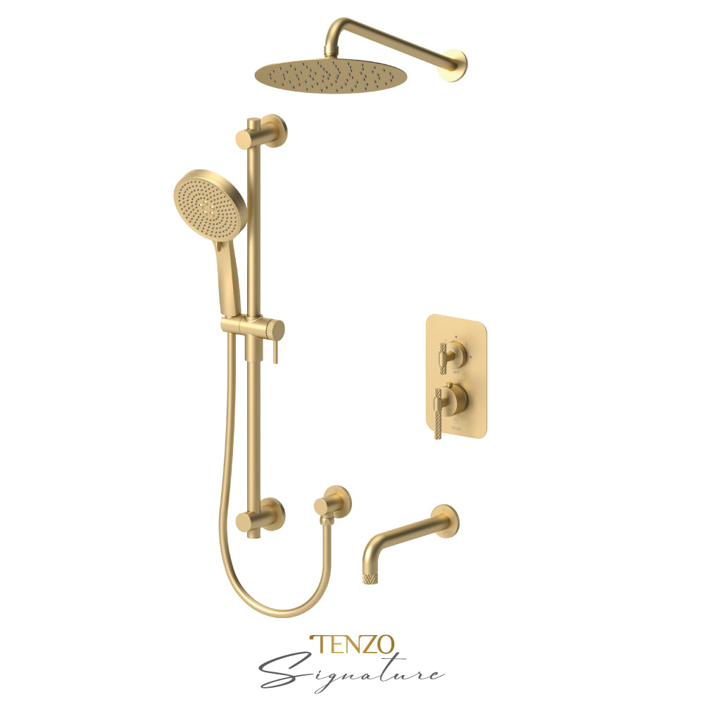 Tenzo Bellacio T-Box 3-Function Pressure Balance Shower Kit, 10” AirBoost Rain Head & Tub Spout, Larger Knurled - BEPB33-501115-C