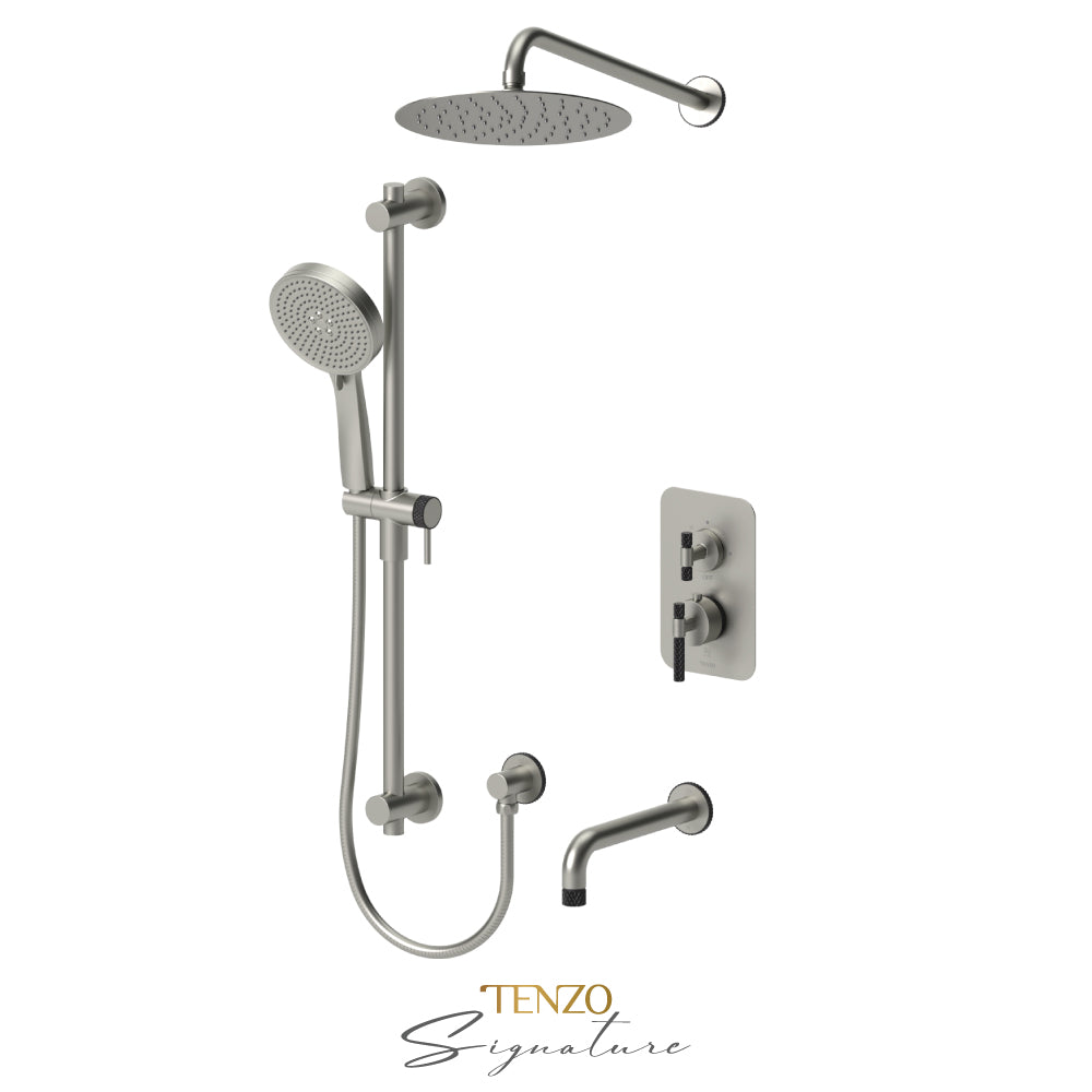 Tenzo Bellacio T-Box 3-Function Pressure Balance Shower Kit, 10” AirBoost Rain Head & Tub Spout, Larger Knurled - BEPB33-501115-C