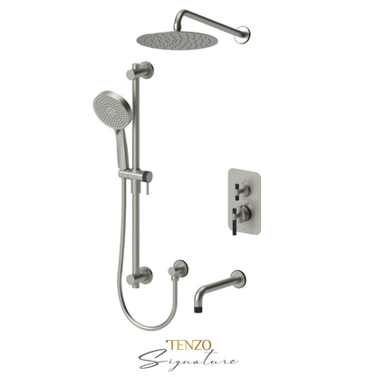 Tenzo Bellacio T-Box 3-Function Pressure Balance Shower Kit, 10” AirBoost Rain Head & Tub Spout, Larger Knurled - BEPB33-501115-C