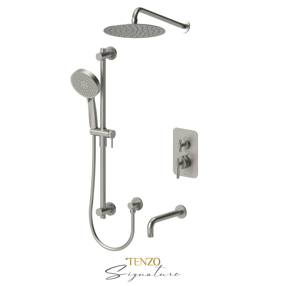 Tenzo Bellacio T-Box 3-Function Pressure Balance Shower Kit, 10” AirBoost Rain Head & Tub Spout, Larger Knurled - BEPB33-501115-C