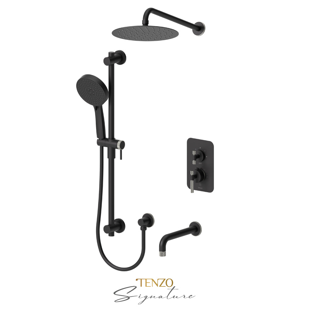 Tenzo Bellacio T-Box 3-Function Pressure Balance Shower Kit, 10” AirBoost Rain Head & Tub Spout, Larger Knurled - BEPB33-501115-C