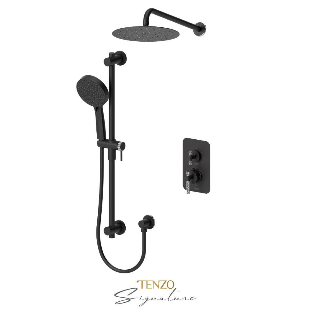 Tenzo Bellacio T-Box 3-Function Pressure Balance Shower Kit, 10” AirBoost Rain Head & Tub Spout, Larger Knurled - BEPB33-501115-C