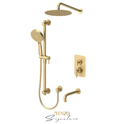 Tenzo Bellacio T-Box 3-Function Pressure Balance Shower Kit, 10” AirBoost Rain Head & Tub Spout, Smaller Knurled - BEPB33-501115-F