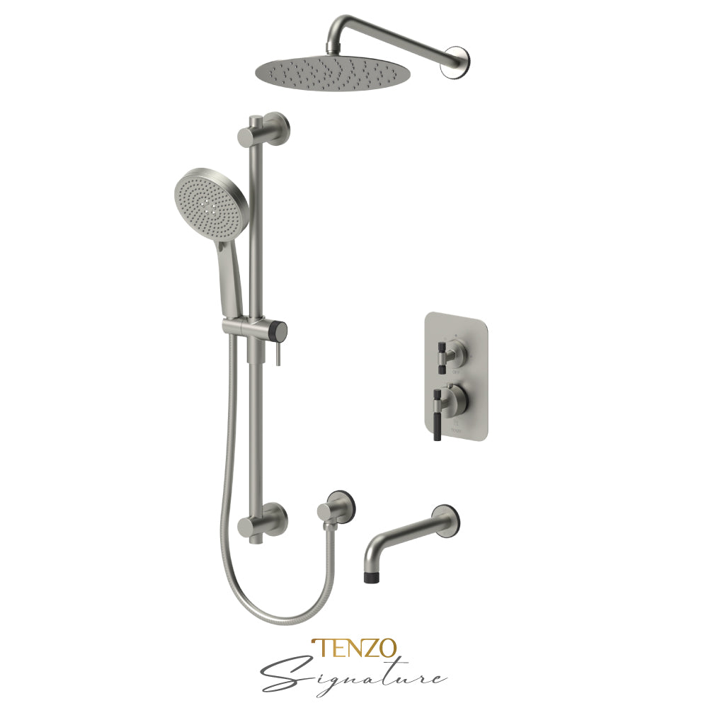Tenzo Bellacio T-Box 3-Function Pressure Balance Shower Kit, 10” AirBoost Rain Head & Tub Spout, Smaller Knurled - BEPB33-501115-F