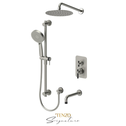 Tenzo Bellacio T-Box 3-Function Pressure Balance Shower Kit, 10” AirBoost Rain Head & Tub Spout, Smaller Knurled - BEPB33-501115-F