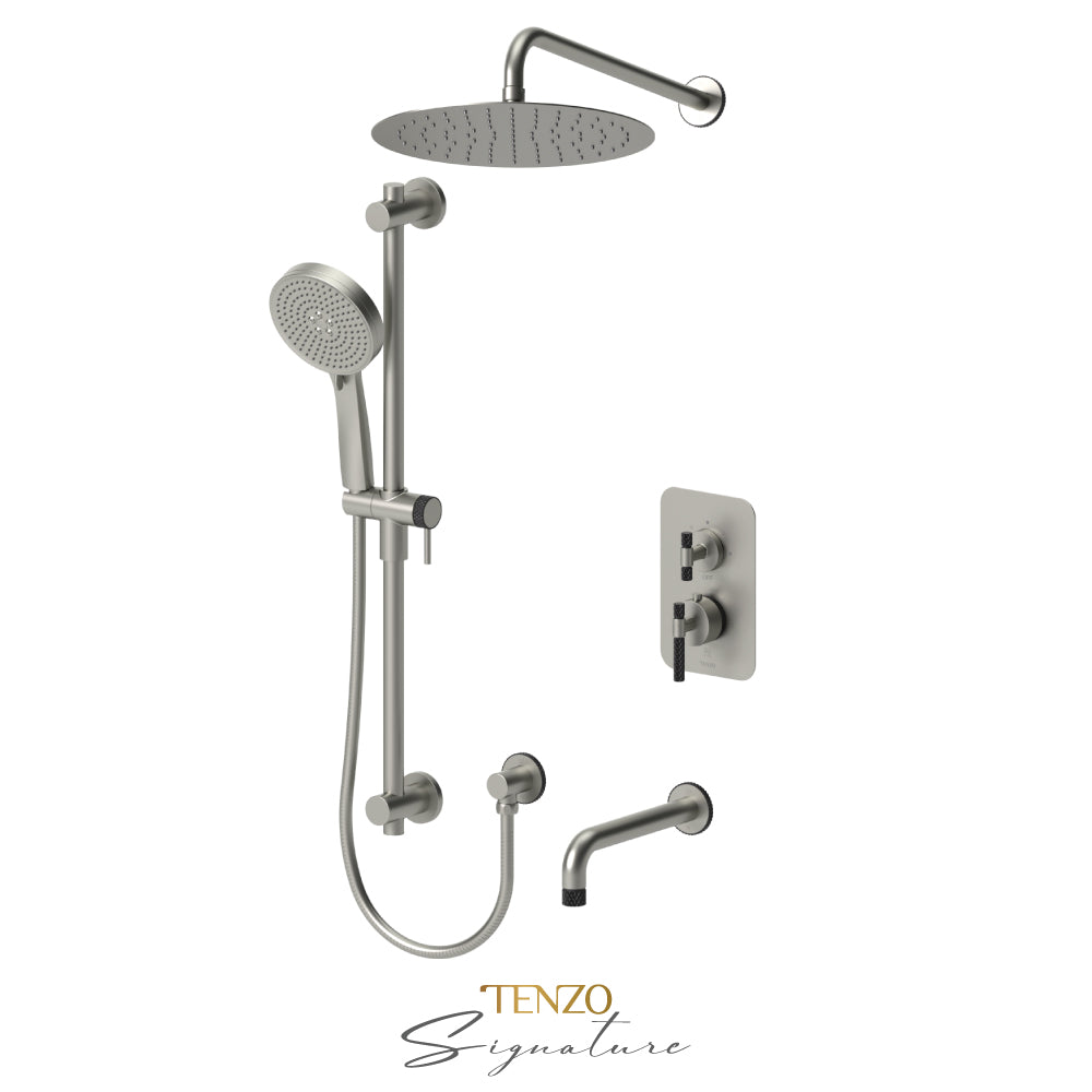 Tenzo Bellacio T-Box 3-Function Pressure Balance Shower Kit, 12” AirBoost Rain Head & Tub Spout, Larger Knurled - BEPB33-501125-C