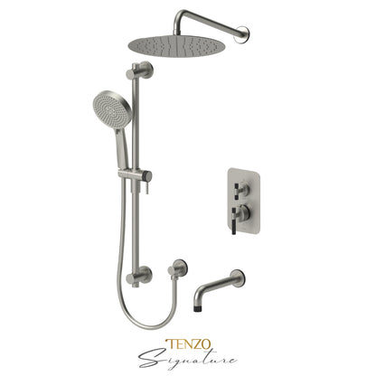 Tenzo Bellacio T-Box 3-Function Pressure Balance Shower Kit, 12” AirBoost Rain Head & Tub Spout, Larger Knurled - BEPB33-501125-C