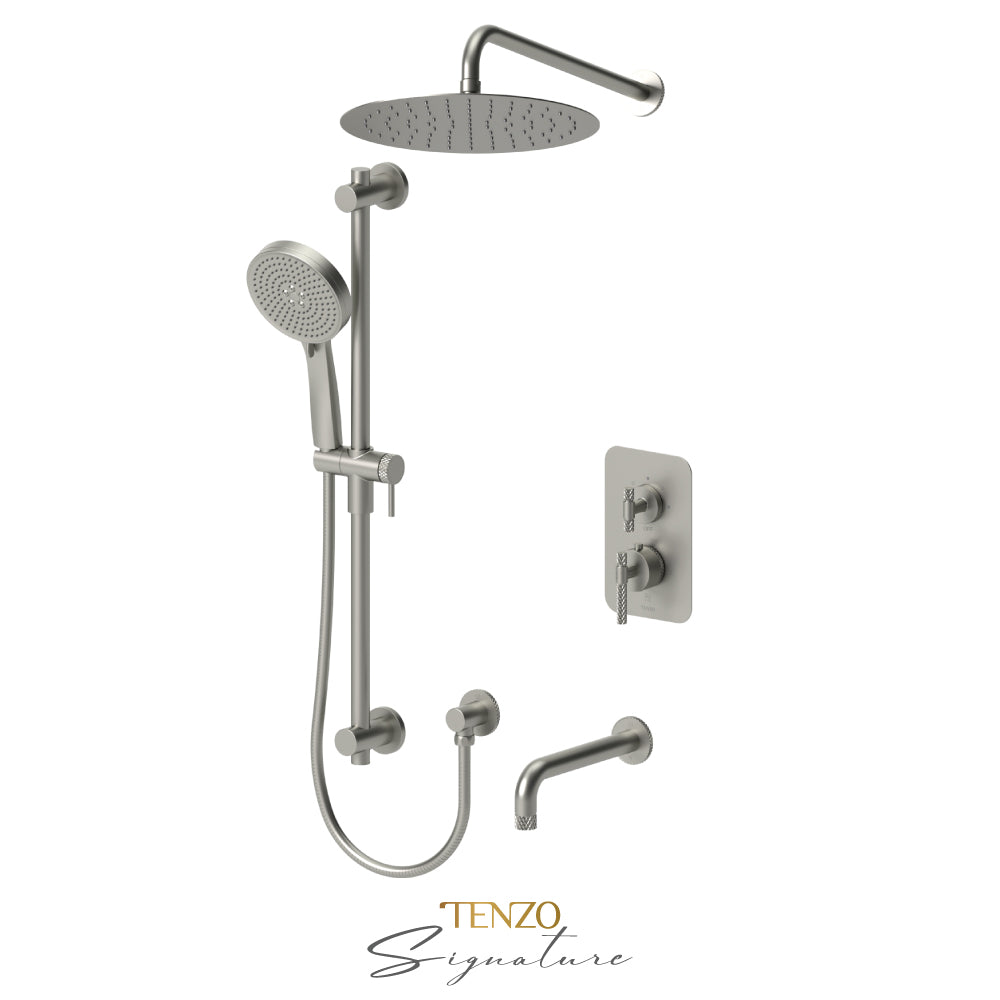 Tenzo Bellacio T-Box 3-Function Pressure Balance Shower Kit, 12” AirBoost Rain Head & Tub Spout, Larger Knurled - BEPB33-501125-C
