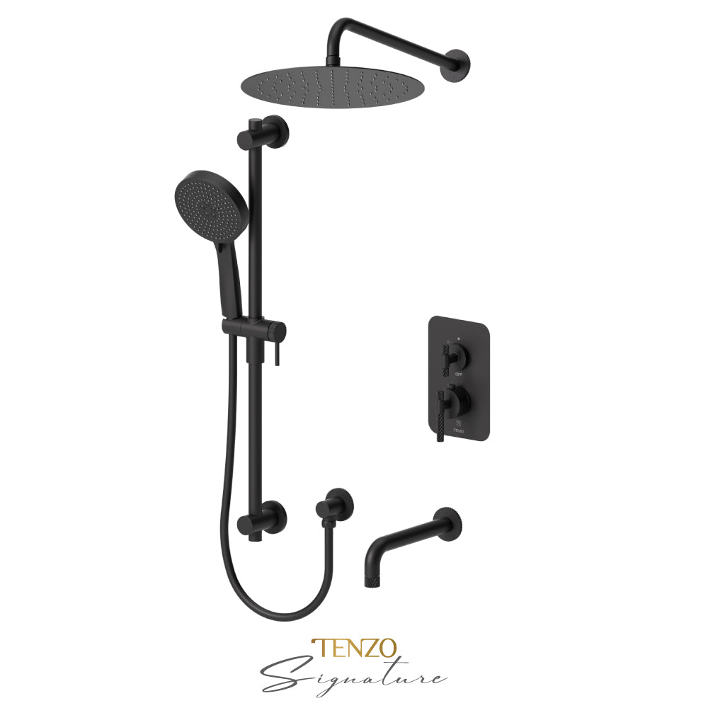 Tenzo Bellacio T-Box 3-Function Pressure Balance Shower Kit, 12” AirBoost Rain Head & Tub Spout, Larger Knurled - BEPB33-501125-C