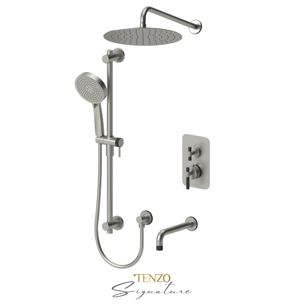 Tenzo Bellacio T-Box 3-Function Pressure Balance Shower Kit, 12” AirBoost Rain Head & Tub Spout, Smaller Knurled - BEPB33-501125-F