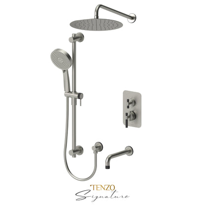 Tenzo Bellacio T-Box 3-Function Pressure Balance Shower Kit, 12” AirBoost Rain Head & Tub Spout, Smaller Knurled - BEPB33-501125-F