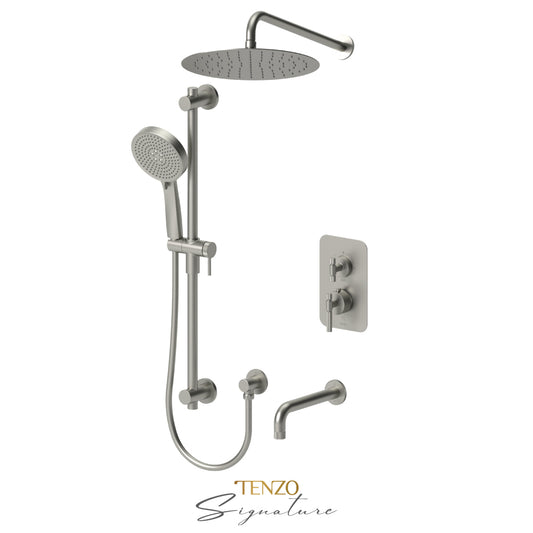 Tenzo Bellacio T-Box 3-Function Pressure Balance Shower Kit Trim, 12" AirBoost Rain Head & Tub Spout, Smaller Knurled - F-BEPB33-501125-F