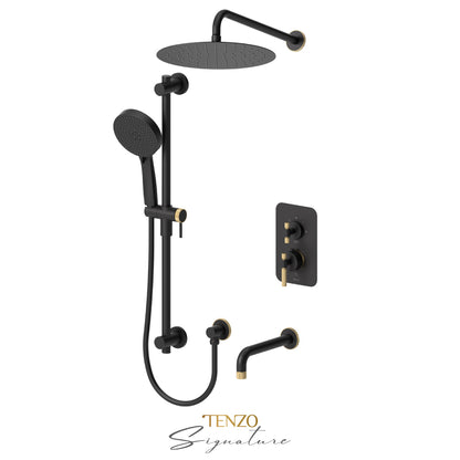 Tenzo Bellacio T-Box 3-Function Pressure Balance Shower Kit, 12” AirBoost Rain Head & Tub Spout, Smaller Knurled - BEPB33-501125-F