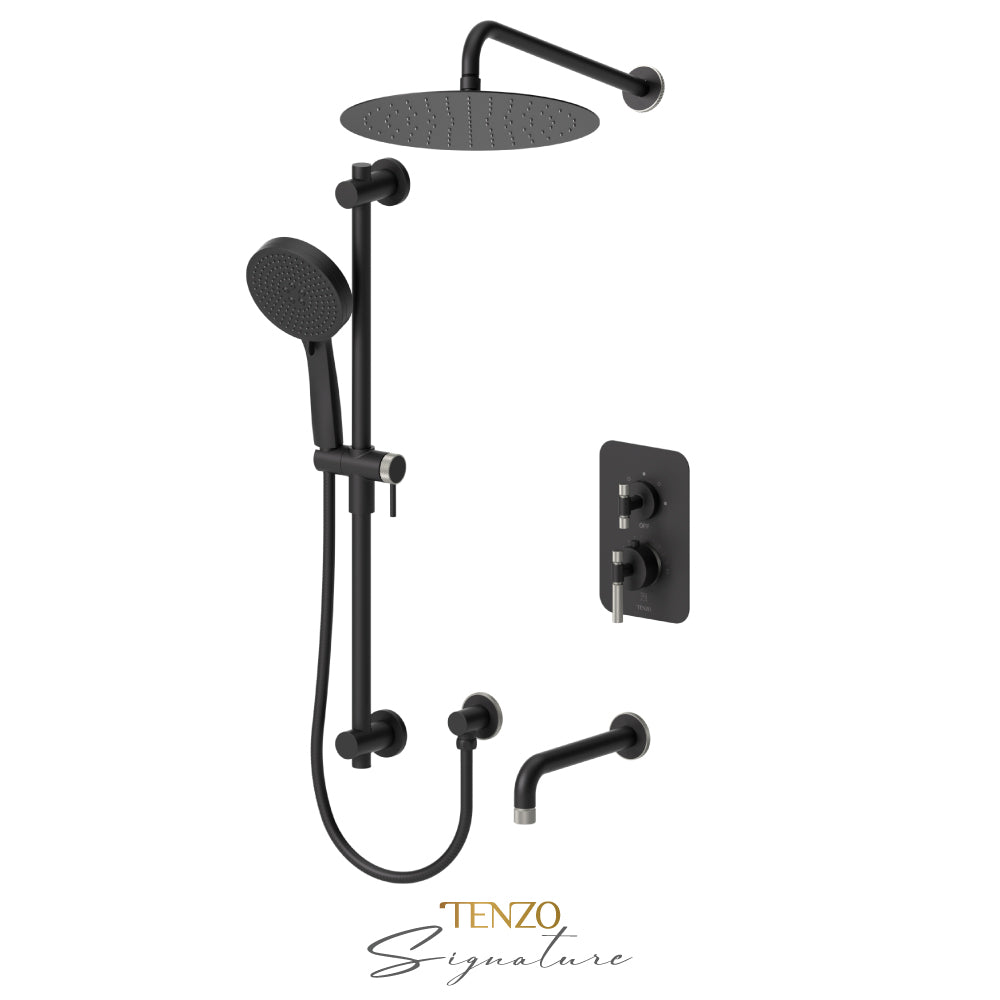 Tenzo Bellacio T-Box 3-Function Pressure Balance Shower Kit, 12” AirBoost Rain Head & Tub Spout, Smaller Knurled - BEPB33-501125-F