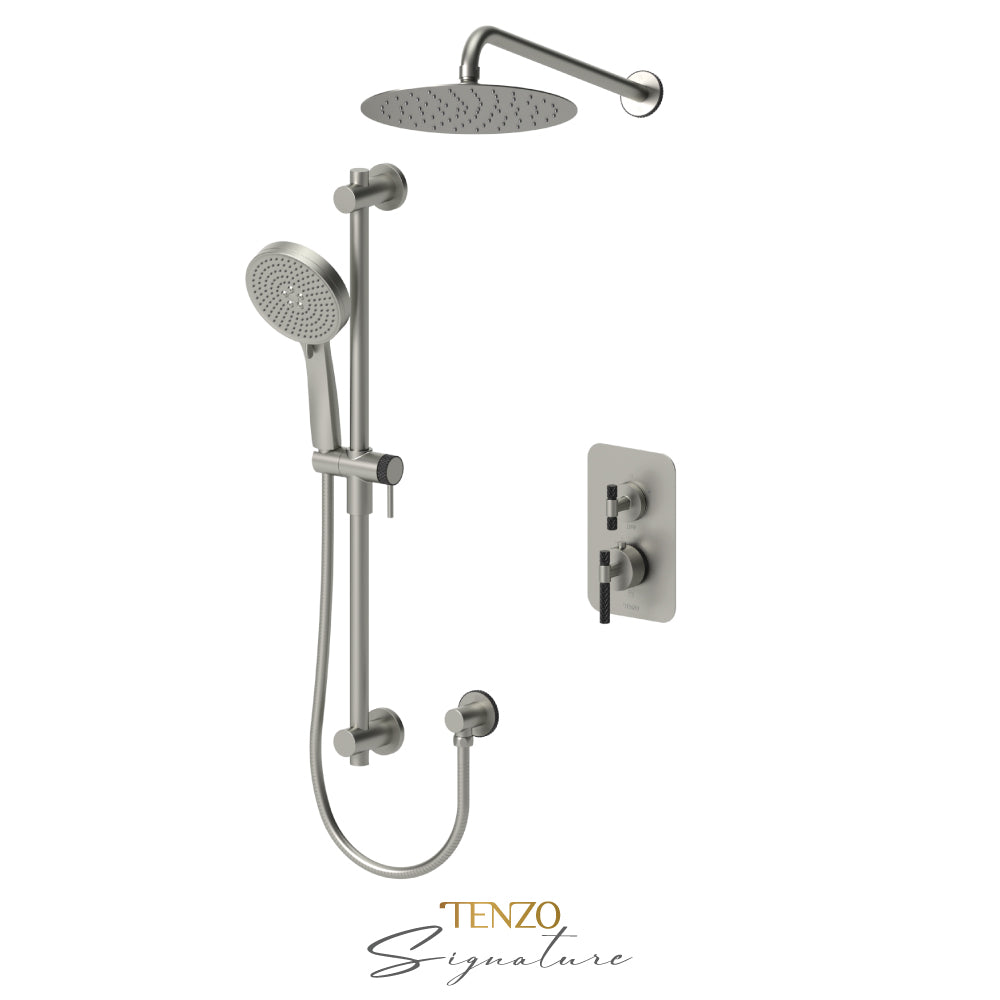 Tenzo Bellacio T-Box 2-Function Thermostatic Shower Kit, 10” AirBoost Rain Head, Larger Knurled - BET32-20111-C