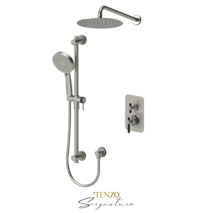 Tenzo Bellacio T-Box 2-Function Thermostatic Shower Kit, 10” AirBoost Rain Head, Larger Knurled - BET32-20111-C