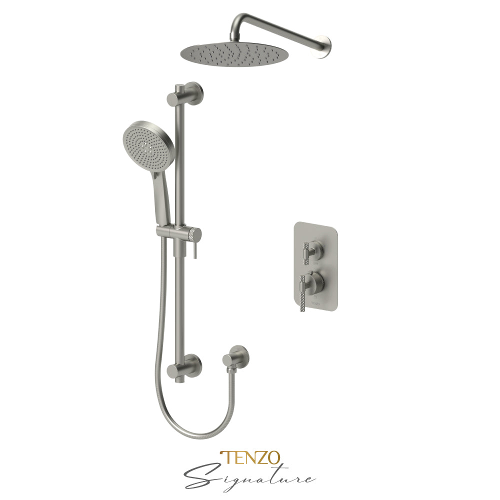 Tenzo Bellacio T-Box 2-Function Thermostatic Shower Kit, 10” AirBoost Rain Head, Larger Knurled - BET32-20111-C