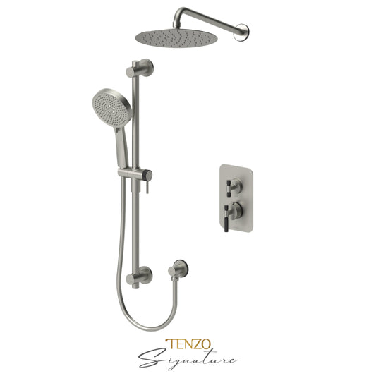 Tenzo Bellacio T-Box 2-Function Thermostatic Shower Kit Trim, 10" AirBoost Rain Head, Smaller Knurled - F-BET32-20111-F