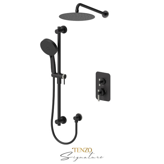 Tenzo Bellacio T-Box 2-Function Thermostatic Shower Kit, 10” AirBoost Rain Head, Smaller Knurled - BET32-20111-F