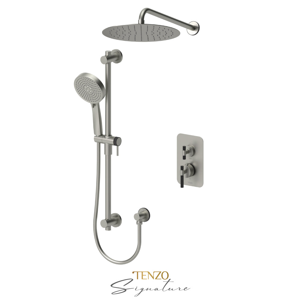 Tenzo Bellacio T-Box 2-Function Thermostatic Shower Kit, 12” AirBoost Rain Head, Larger Knurled - BET32-20112-C