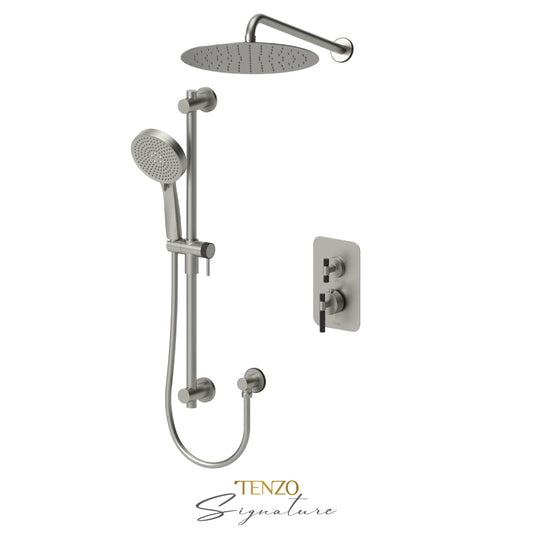 Tenzo Bellacio T-Box 2-Function Thermostatic Shower Kit, 12” AirBoost Rain Head, Larger Knurled - BET32-20112-C
