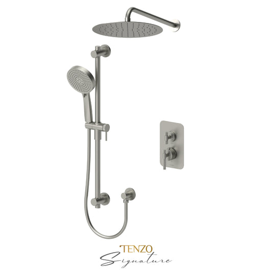 Tenzo Bellacio T-Box 2-Function Thermostatic Shower Kit Trim, 12" AirBoost Rain Head, Larger Knurled - F-BET32-20112-C