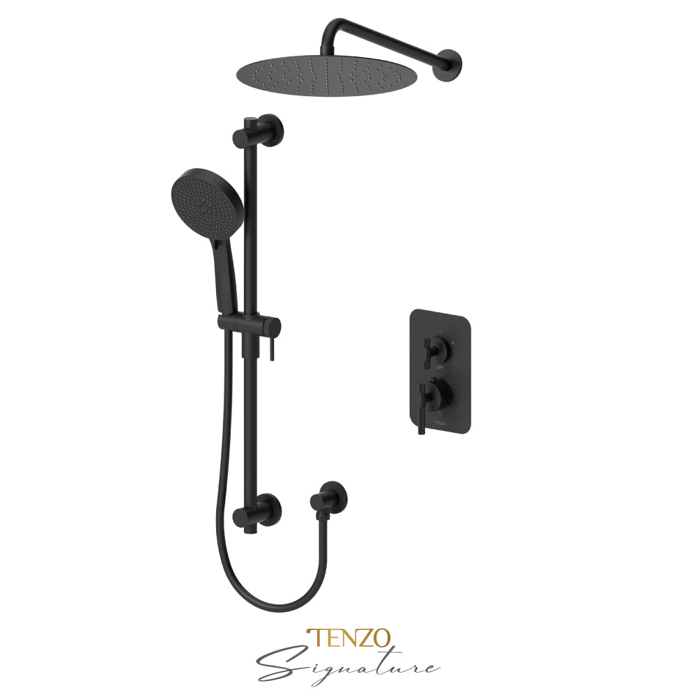 Tenzo Bellacio T-Box 2-Function Thermostatic Shower Kit, 12” AirBoost Rain Head, Larger Knurled - BET32-20112-C