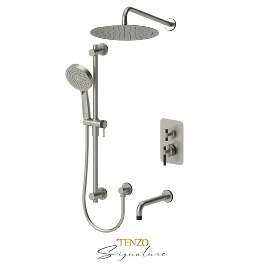 Tenzo Bellacio T-Box 3-Function Thermostatic Shower Kit Trim, 12" AirBoost Rain Head & Tub Spout, Larger Knurled - F-BET33-501125-C